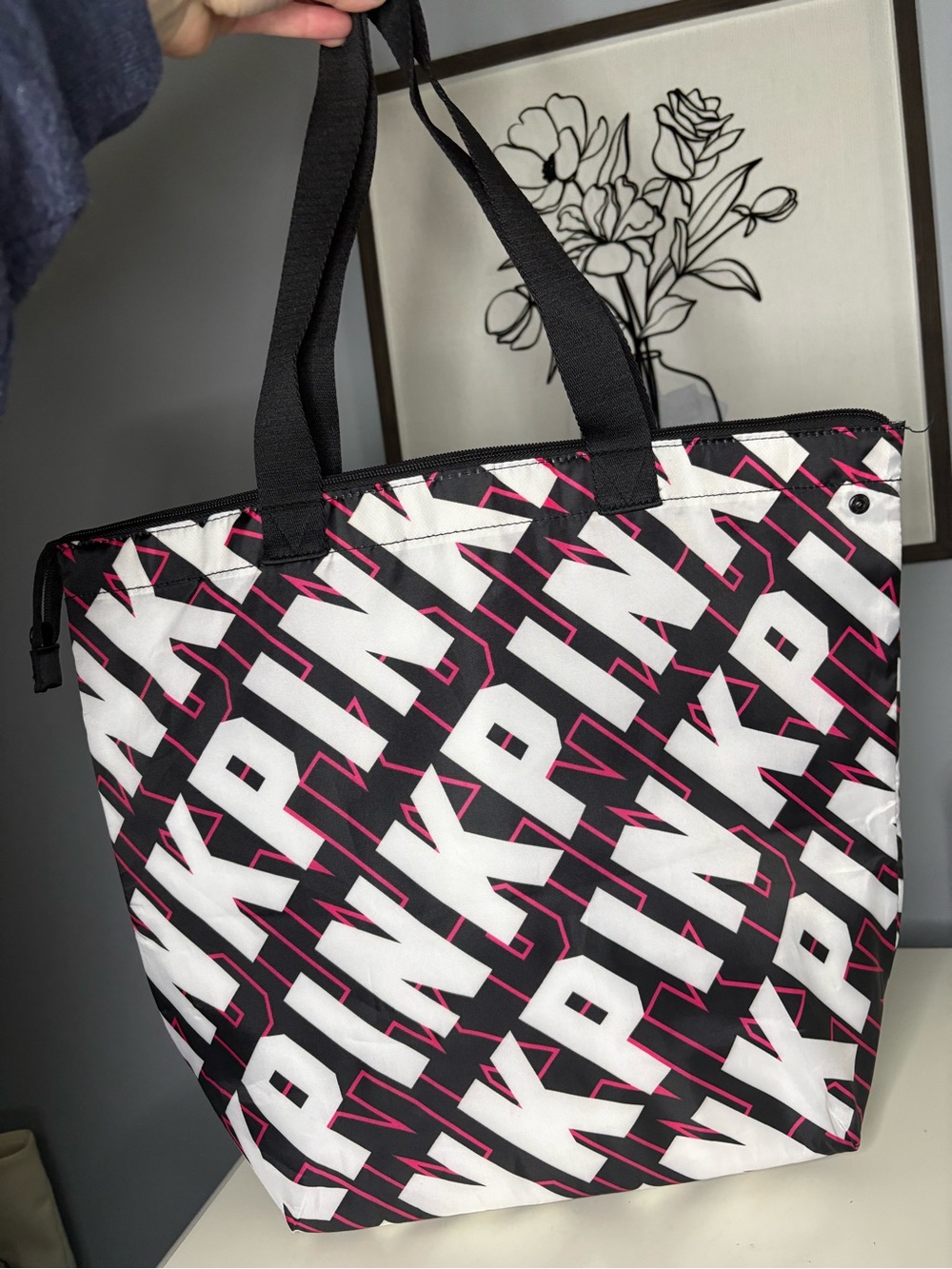 PINK Victoria’s Secret Black and White Logo Print Cooler Tote with Pink Accents